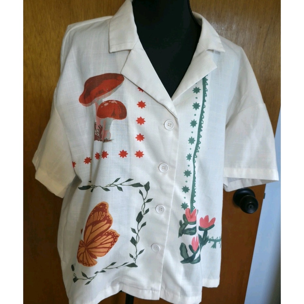 Cider Whimsical Mushroom Shirt XL Fairycore Floral Butterfly Graphic Blouse